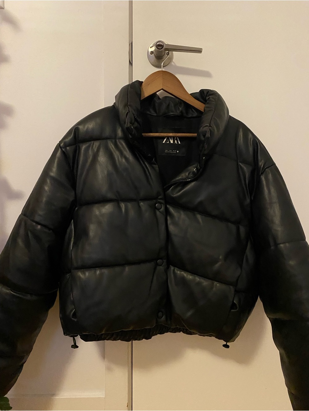 Zara Black Quilted Faux-Leather Puffer Jacket
